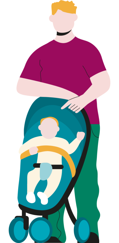 Adult standing with a small child in a pushchair 