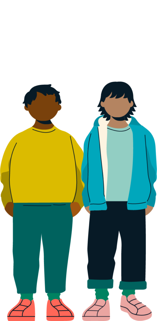 two young people standing side by side wearing bright clothing