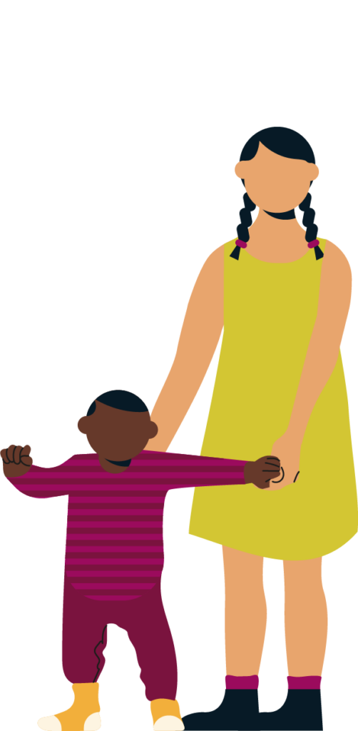 An adult and child holding hands, wearing bright colours 