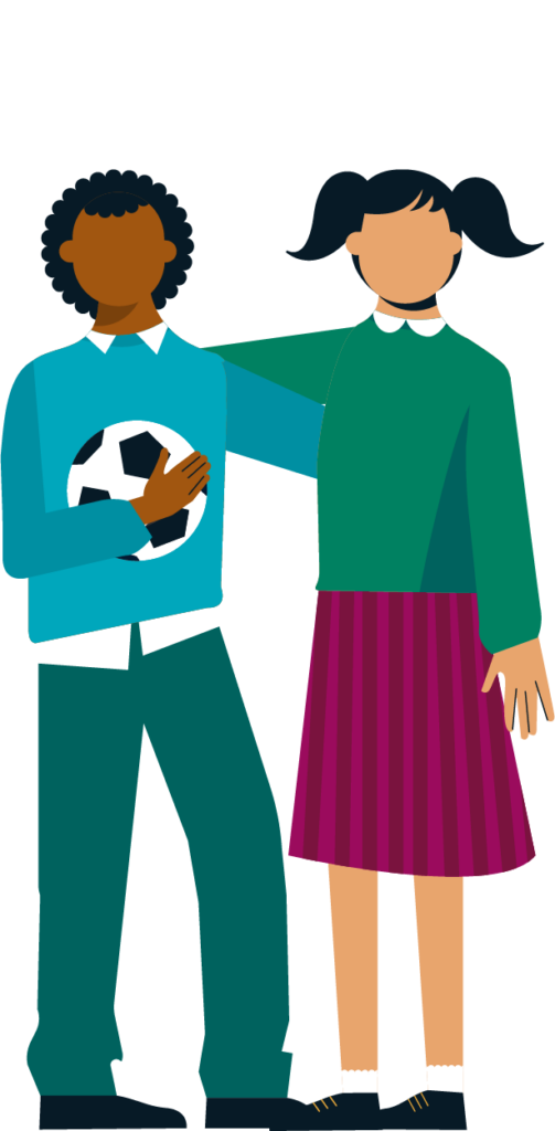 Two children in bright colours, one holding a football.
