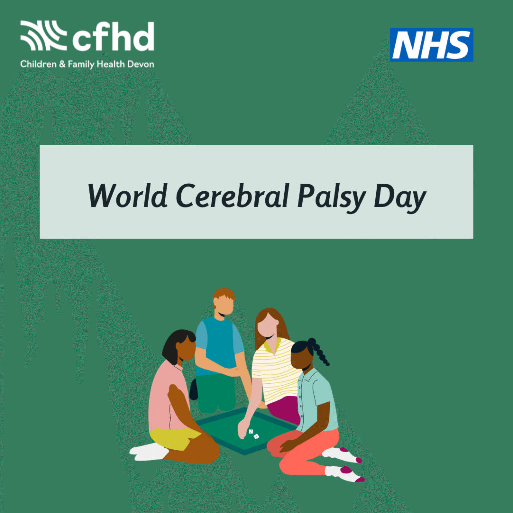 A dark green square with the words 'world cerebral Palsy Day' written in black within a white background. a group of four young people are sitting on the floor, playing a board game underneath the written text.