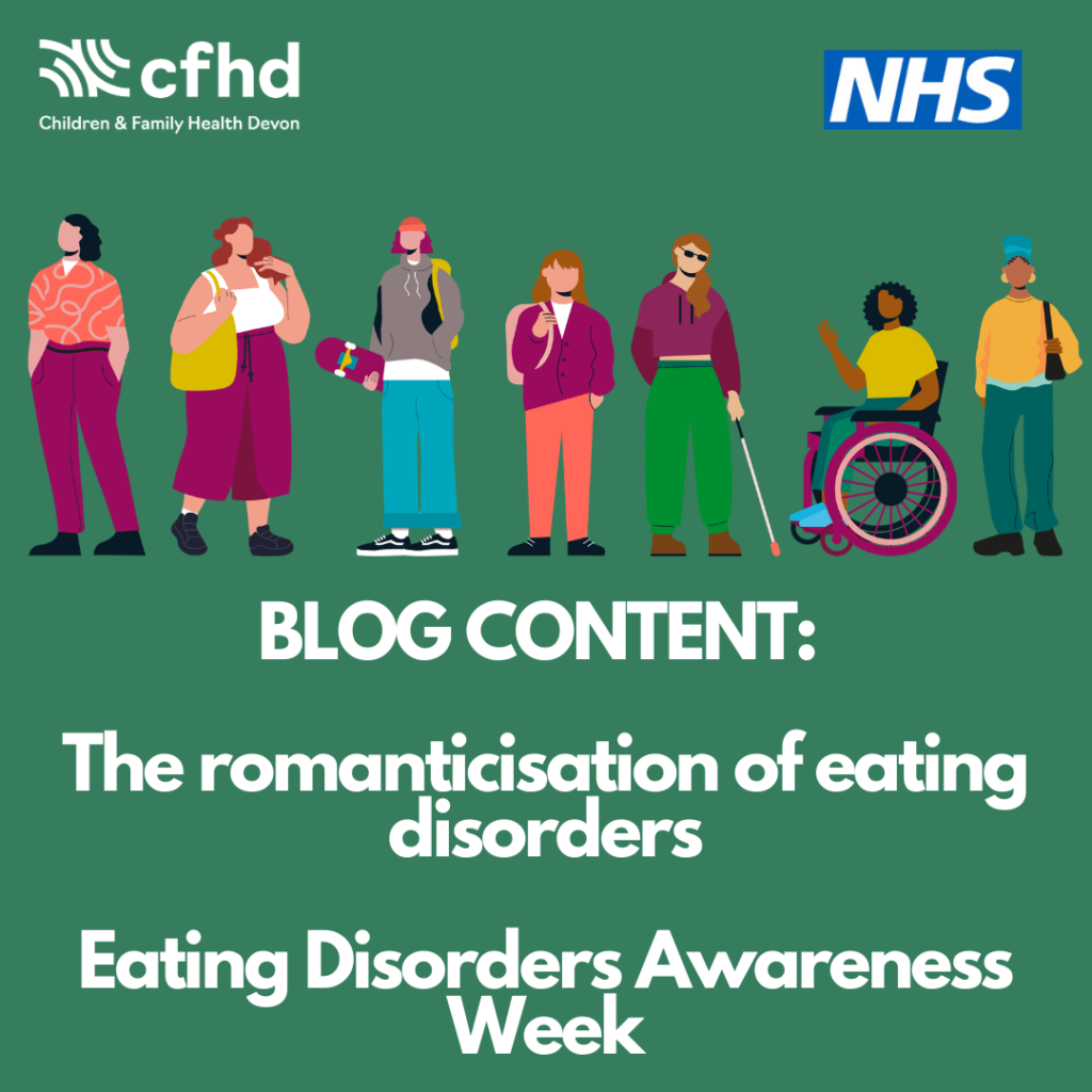 Dark green box with illustrations of different people with the words: BLOG CONTENT: The romanticisation of eating disorders Eating Disorders Awareness Week
