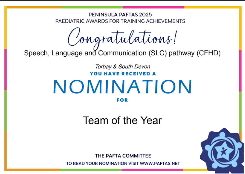 Award nomination certificate for the Speech, Language and Communication pathway for the 'team of the year' category'